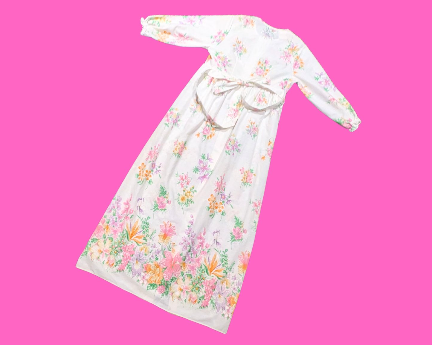 Vintage 1970's Sears Maxi, Mid-Sleeves, White and Floral Dress or Nightgown Size XS-S