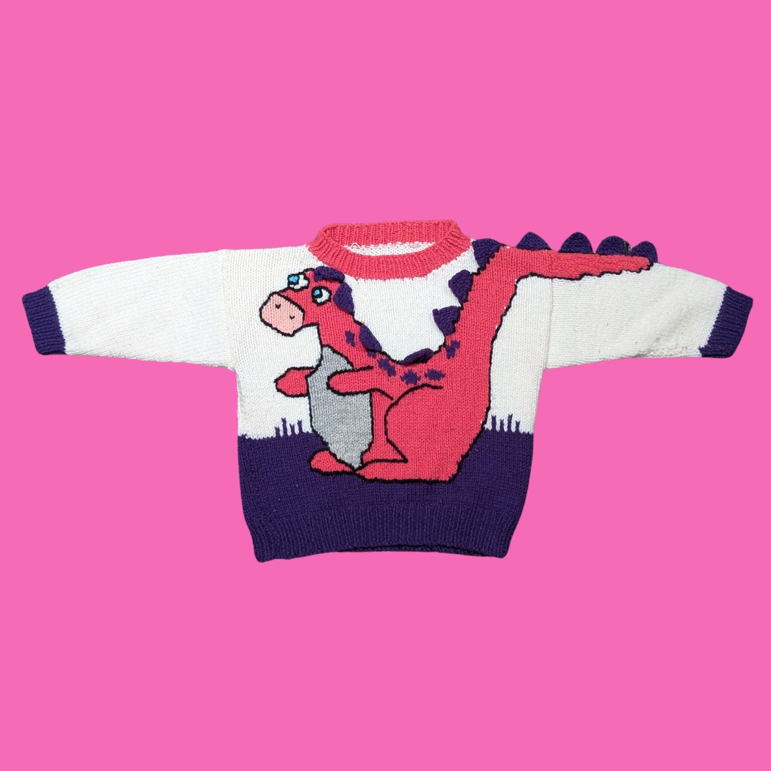 Vintage 1990's, Handmade, Children's Pink Dinosaur Pattern Knitted Sweater with Purple 3D Details on the Back (See Description for Sizing)
