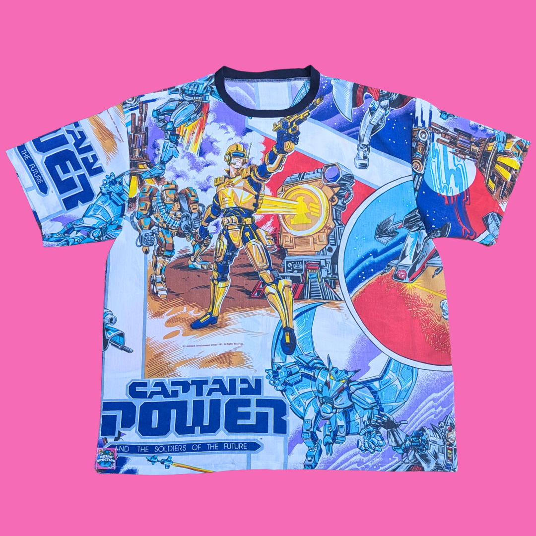 Handmade, Upcycled Captain Power Bedsheet T-Shirt Oversized L-XL, Fitted 2XL