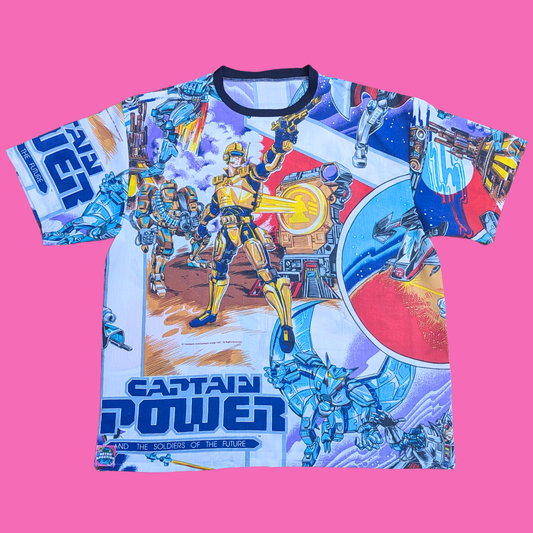 Handmade, Upcycled Captain Power Bedsheet T-Shirt Oversized L-XL, Fitted 2XL