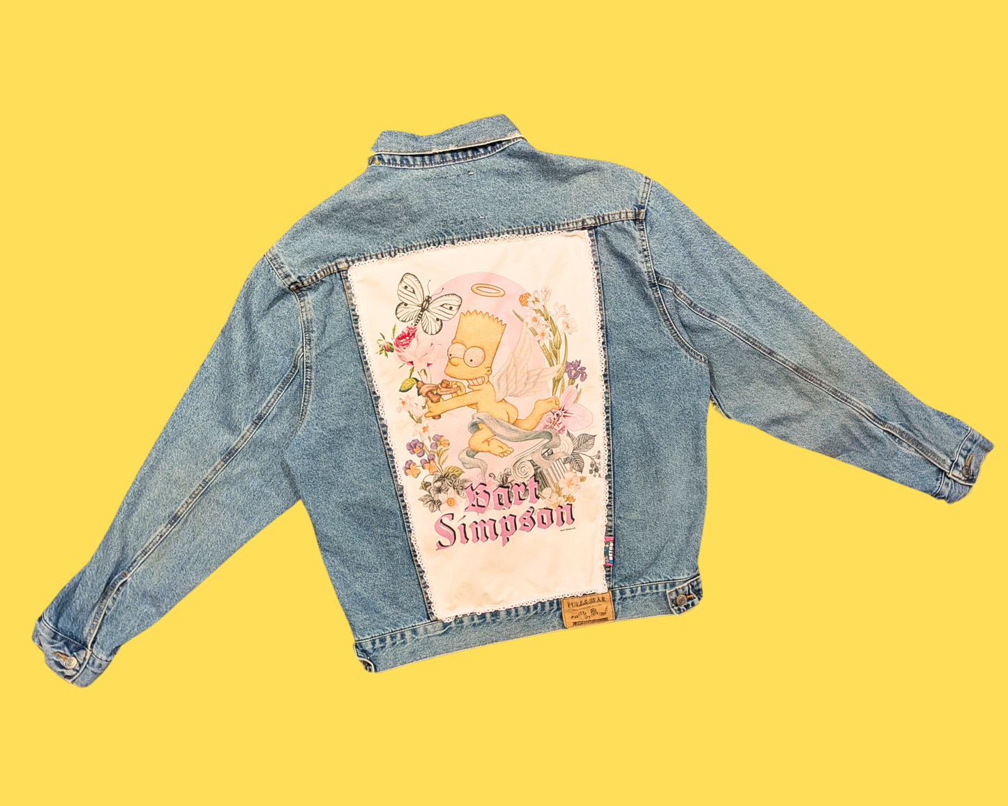 Handmade, Upcycled Denim Jacket with Flying Angel Bart Simpson T-Shirt Size S for Men but Fits Larger