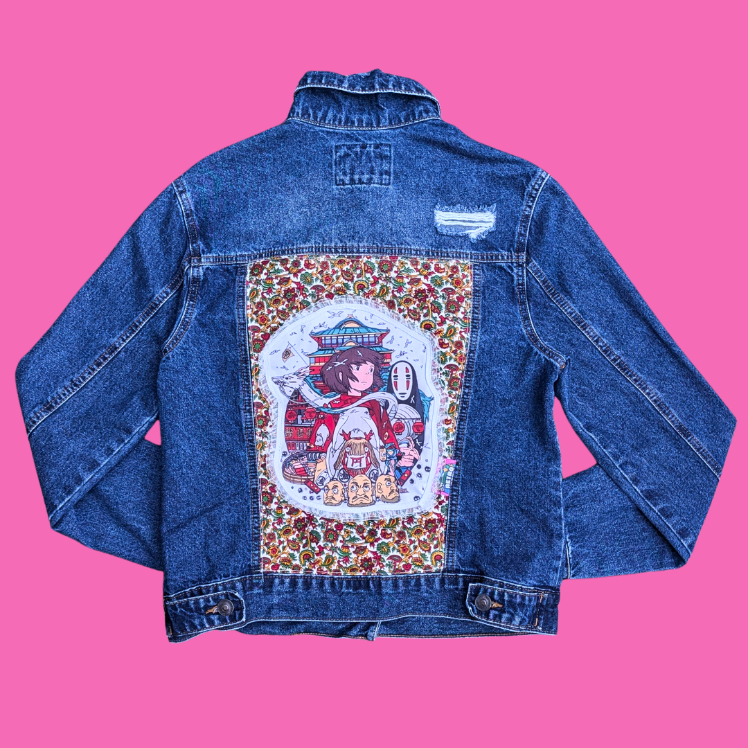 Spirited Away Upcycled T-Shirt Denim Jacket Size L for Women