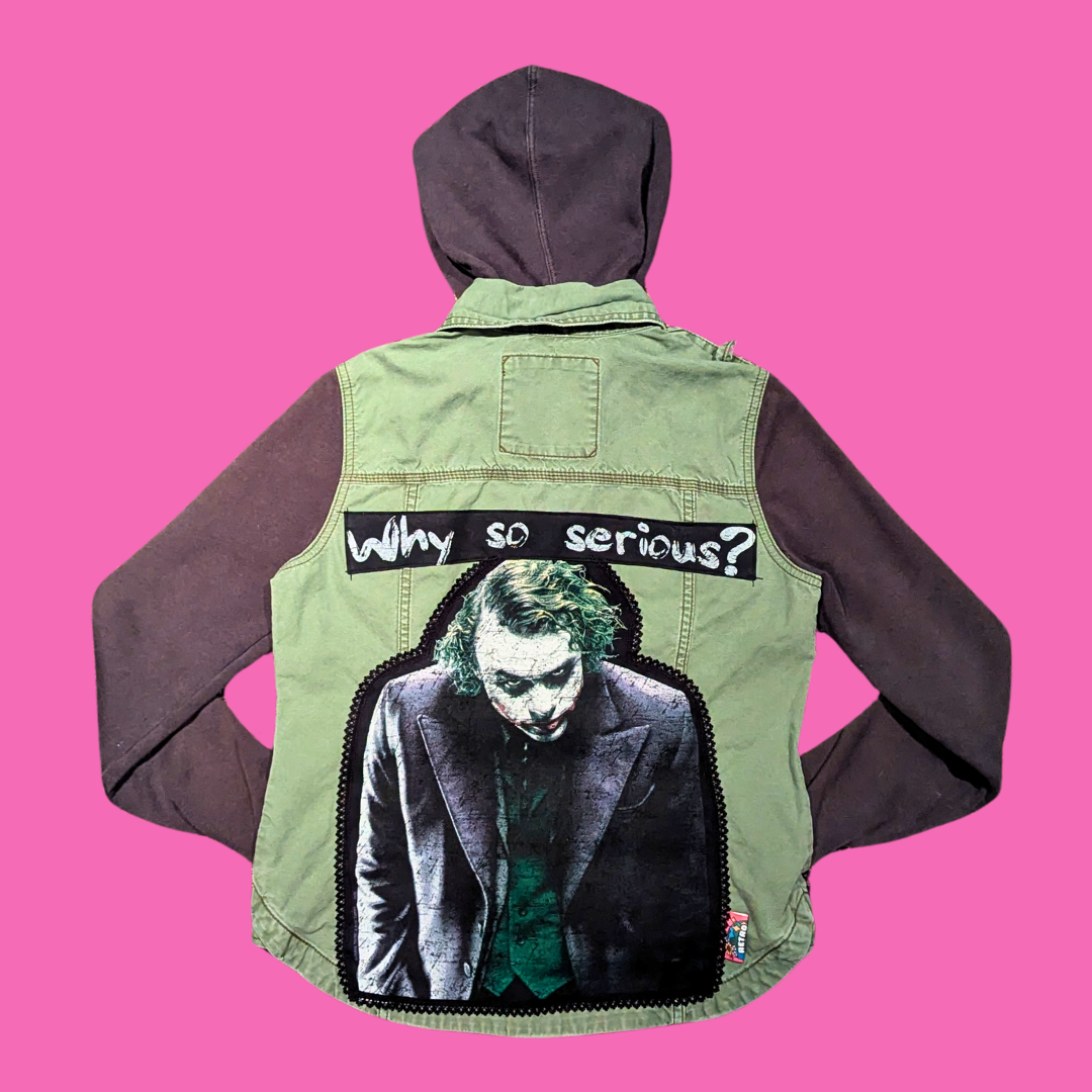 The Dark Knight, Heath Ledger Upcycled T-Shirt Denim Jacket with Hoodie Size S