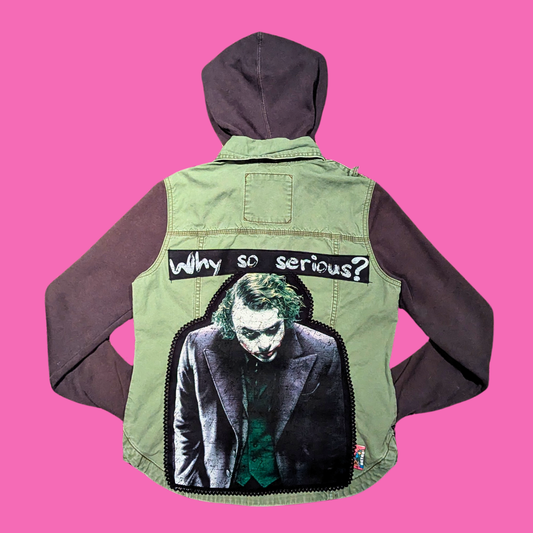 The Dark Knight, Heath Ledger Upcycled T-Shirt Denim Jacket with Hoodie Size S