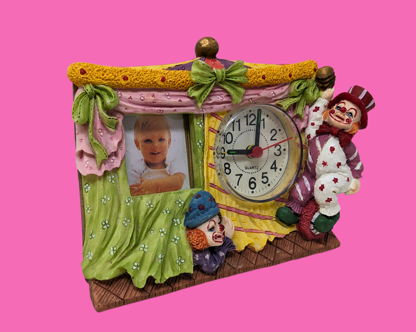 Horloge à cadre clown vintage des années 1990