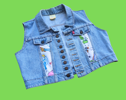 Handmade, Upcycled Denim Vest Patched Up with Bedsheets Scraps of Toy Story 4 Size M-L