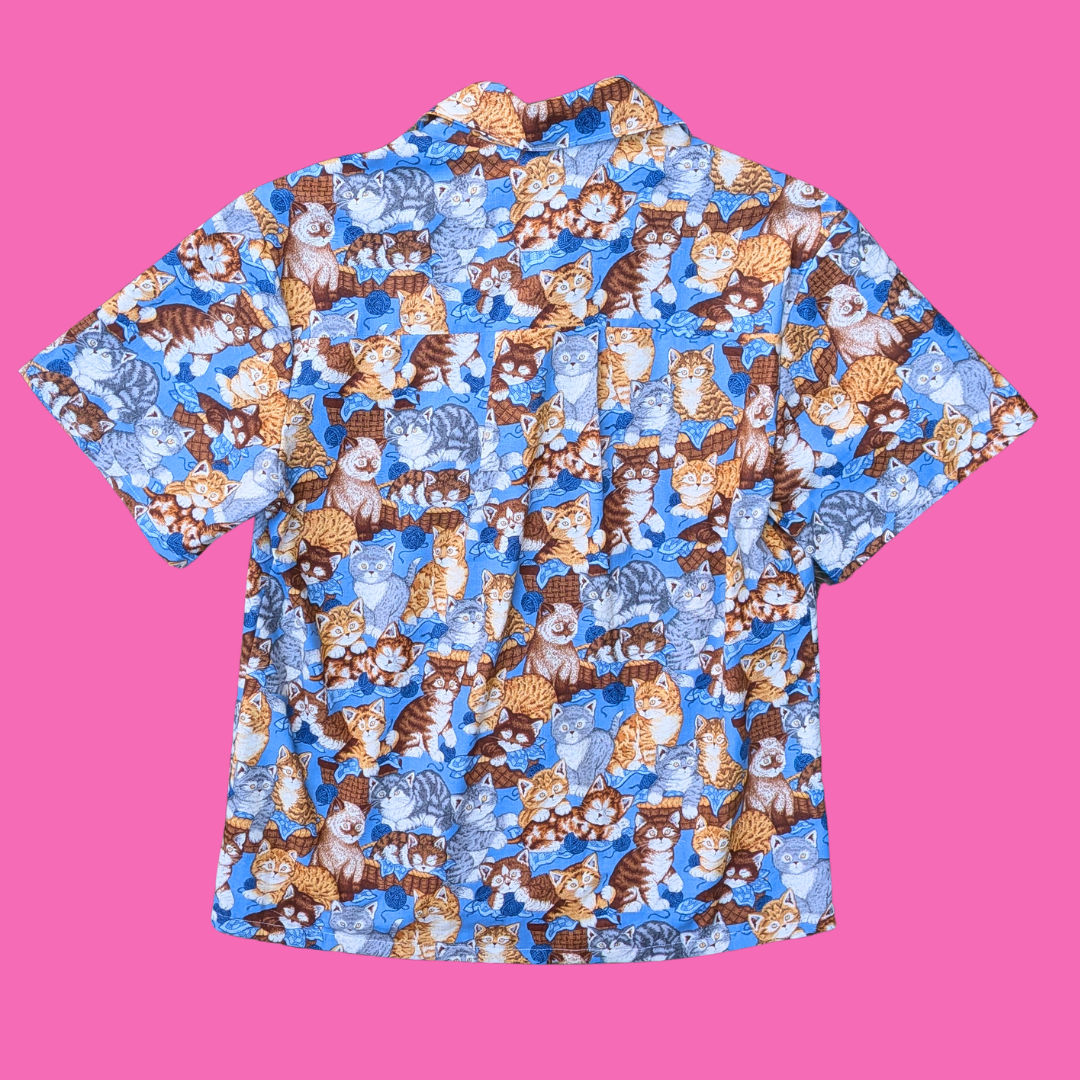 Handmade, Upcycled Cats Patterned Fabric Button Down Shirt Size S