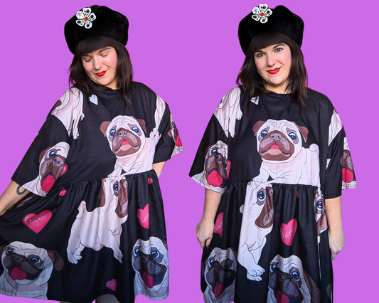 Handmade, Upcycled Pug Print Bedsheet T-Shirt Dress Fits 2XL