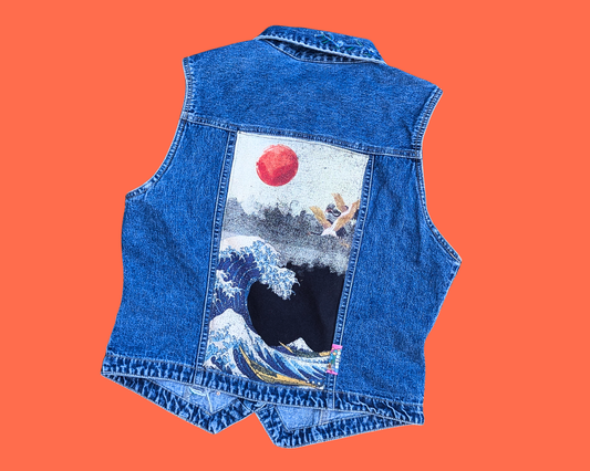 Handmade, Upcycled The Great Wave off Kanagawa Denim Vest, Jacket Size M
