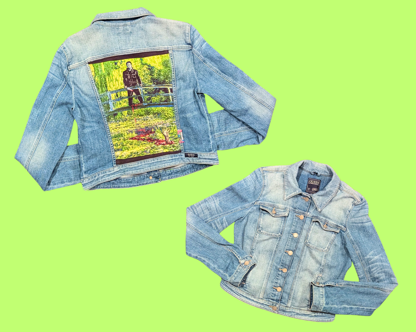 Handmade, Upcycled Denim Jacket with a Halloween, Michael Myers Meets Monet T-Shirt Size L for Women