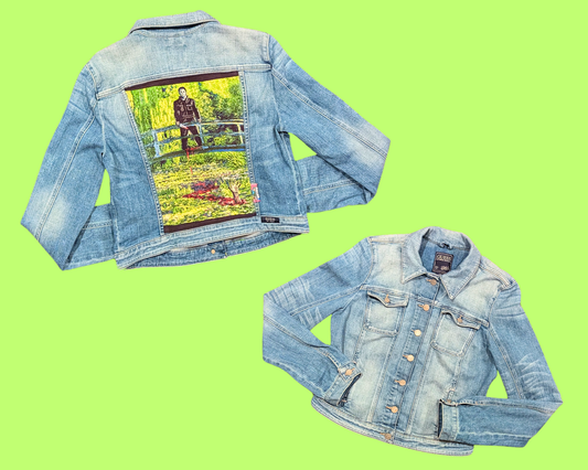 Handmade, Upcycled Denim Jacket with a Halloween, Michael Myers Meets Monet T-Shirt Size L for Women