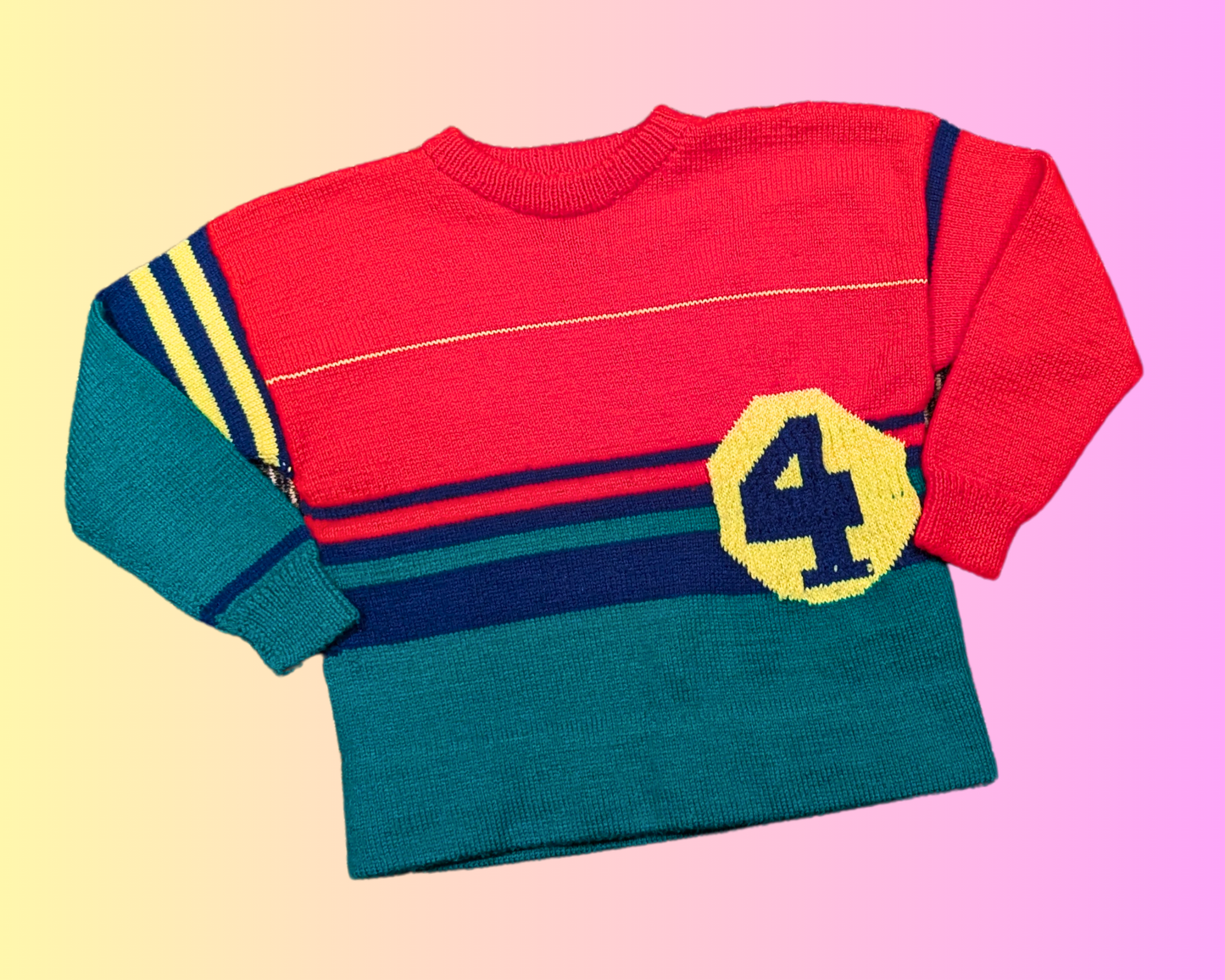 Vintage 1980's Red, Green and Yellow Wool Knit Sweater Size S