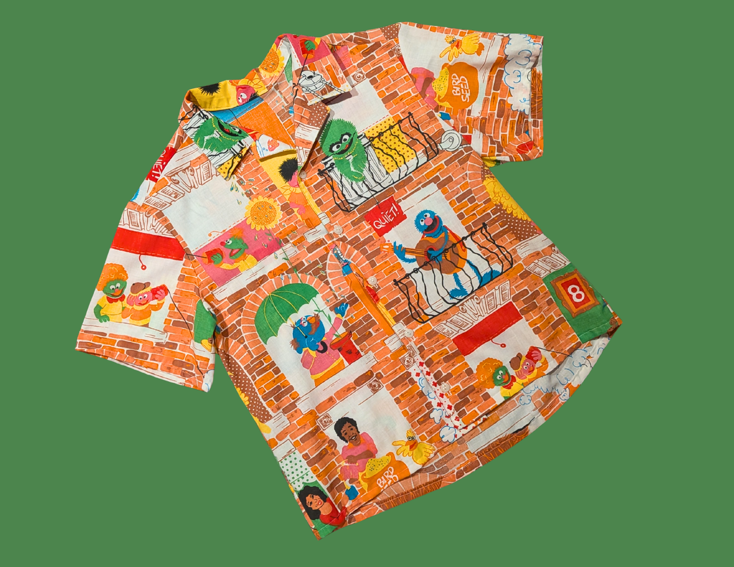 Handmade, Upcycled Vintage Sesame Street Bedsheet Short Sleeve Button Down T-Shirt L