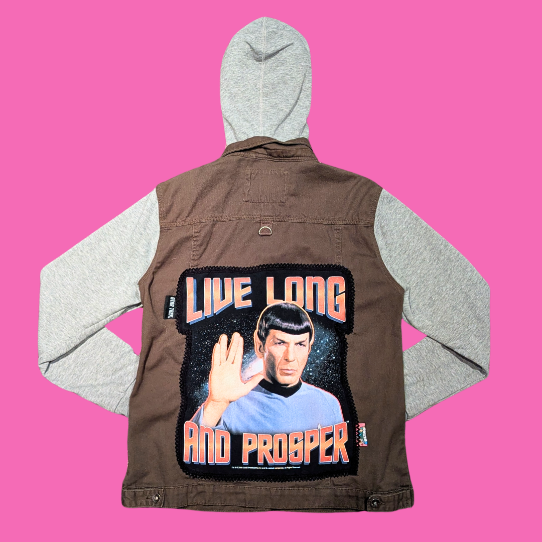 Star Trek Upcycled T-Shirt Denim Jacket with Hoodie Size L