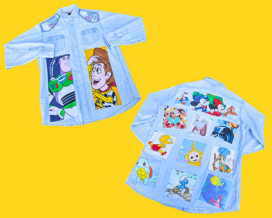 Handmade, Upcycled Denim Snap Buttons Shirt Patched Up with Nostalgic Bedsheets (Toy Story, E.T, The Simpsons and Others) Size L