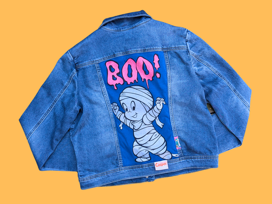 Handmade, Upcycled Casper The Friendly Ghost Denim Jacket Size L