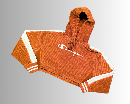 Y2K Official Champion Brown Corduroy Crop Top Hoodie Size S