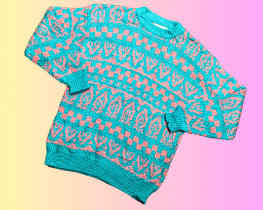 Vintage 1980's Blue and Pink Sparkling Wool Knit Sweater Size L