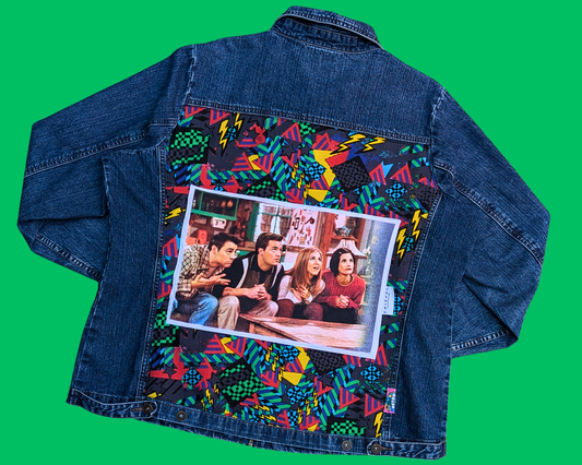 Handmade, Upcycled Friends T-Shirt Denim Jacket Size L