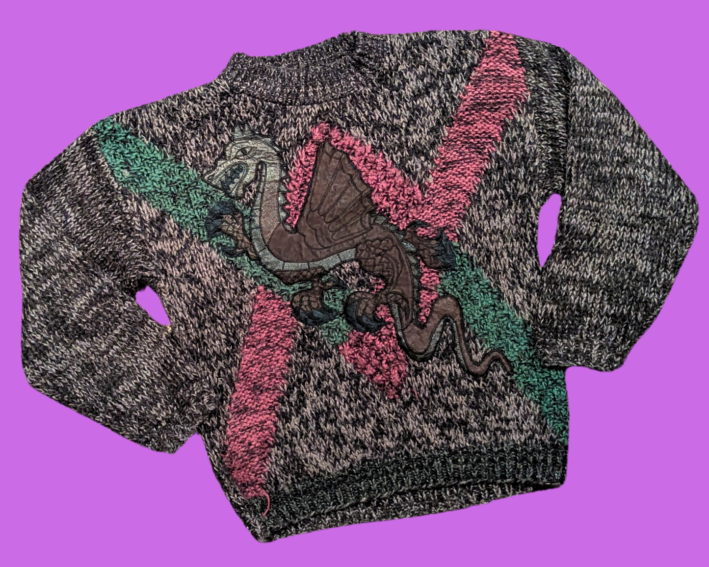 Vintage 1990's Leather Dragon Patch on a Acrylic Knit Sweater Size L