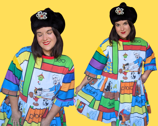 Handmade, Upcycled Vintage 1990's Walt Disney's Pinocchio Bedsheet T-Shirt Dress Fits S-M-L-XL with Matching Fanny Pack