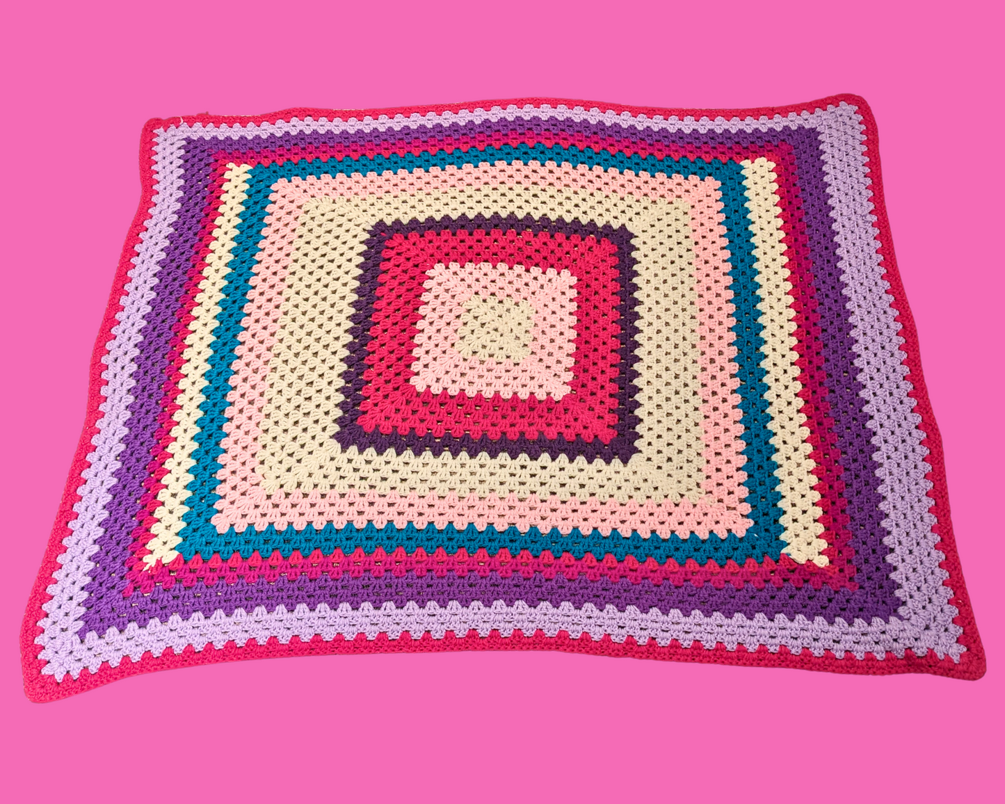 Vintage 1980's Pink, Blue, Purple Wool Crochet Blanket
