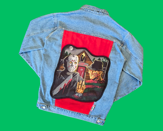 Handmade, Upcycled Jason & Freddy, Friday the 13th and Nightmare on Elm Street Denim Jacket Size L