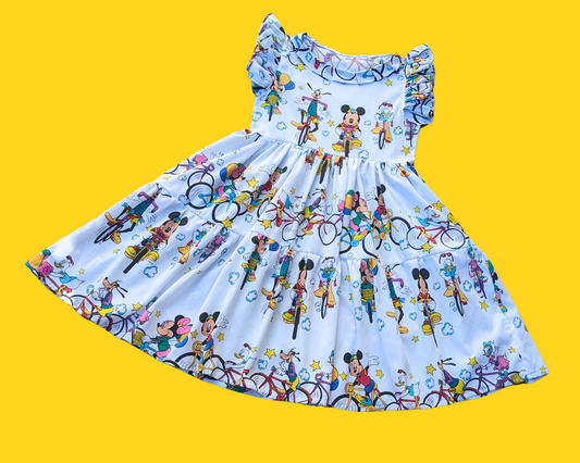 Handmade, Upcycled Vintage 1990's Walt Disney Mickey Mouse and Friends on Bicycles Bedsheet Dress Size S