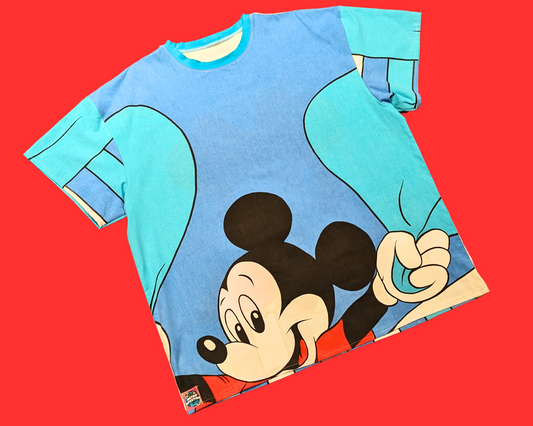 Handmade, Upcycled Walt Disney's Mickey and Minnie Mouse Bedsheet T-Shirt Oversized XL + Gifted Matching Tote Bag