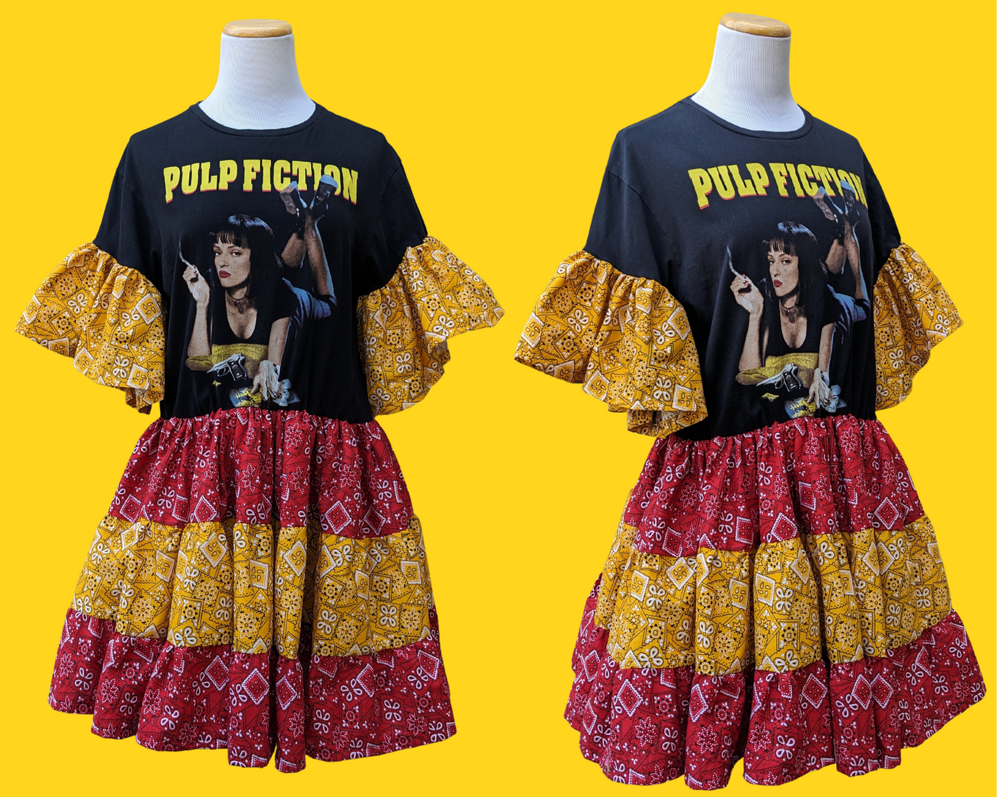 Handmade, Upcycled Pulp Fiction T-Shirt Dress with Red and Yellow Bandana Fabric Size M