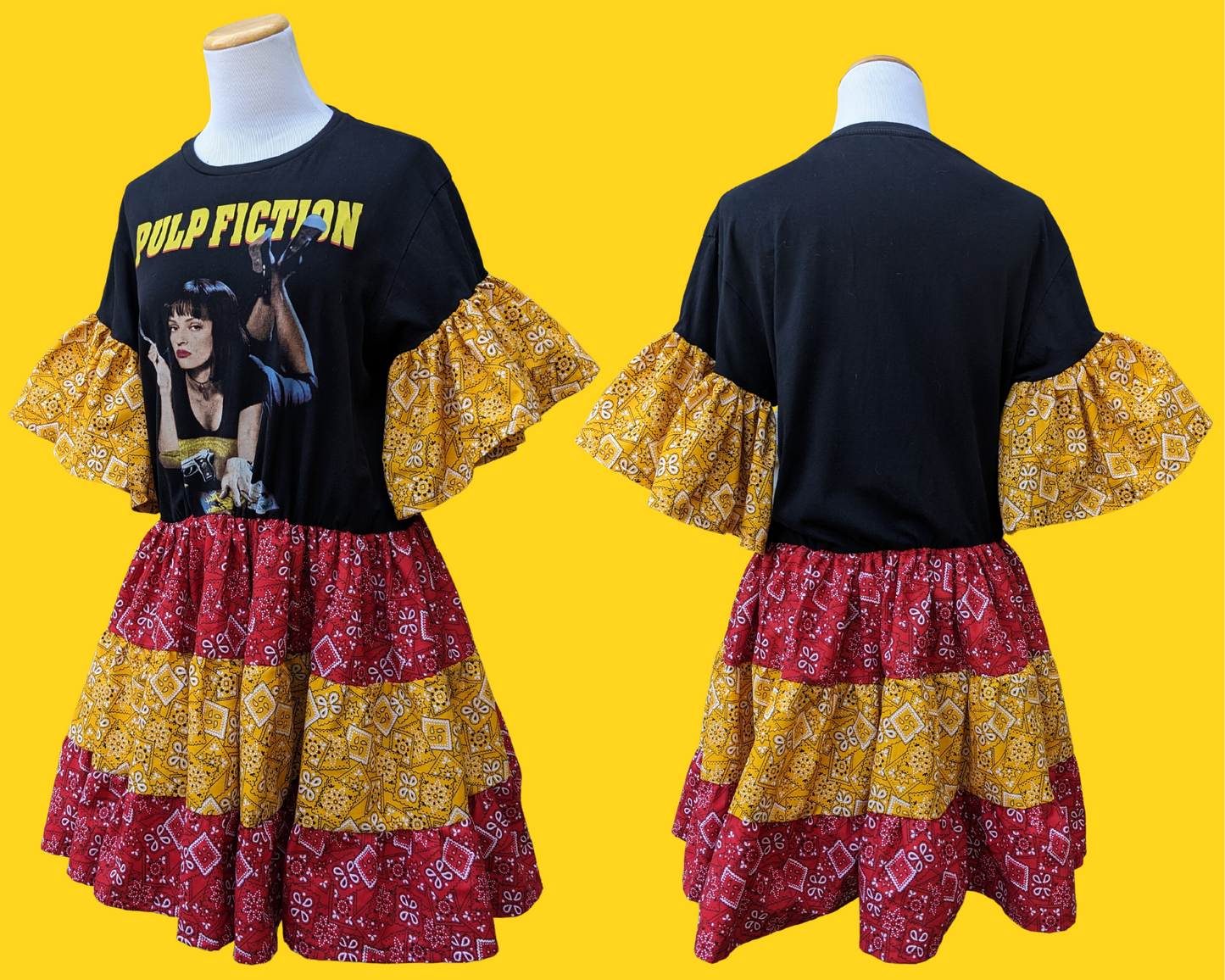 Handmade, Upcycled Pulp Fiction T-Shirt Dress with Red and Yellow Bandana Fabric Size M