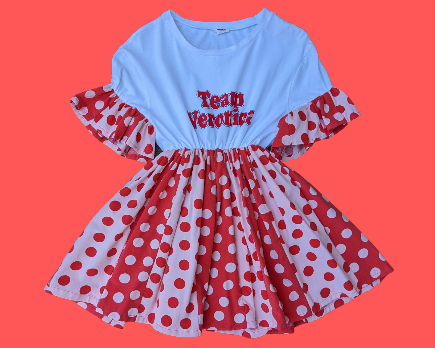 Handmade, Upcycled Archie's Team Veronica T-Shirt Dress with Red and White Polka Dot Fabric Size S