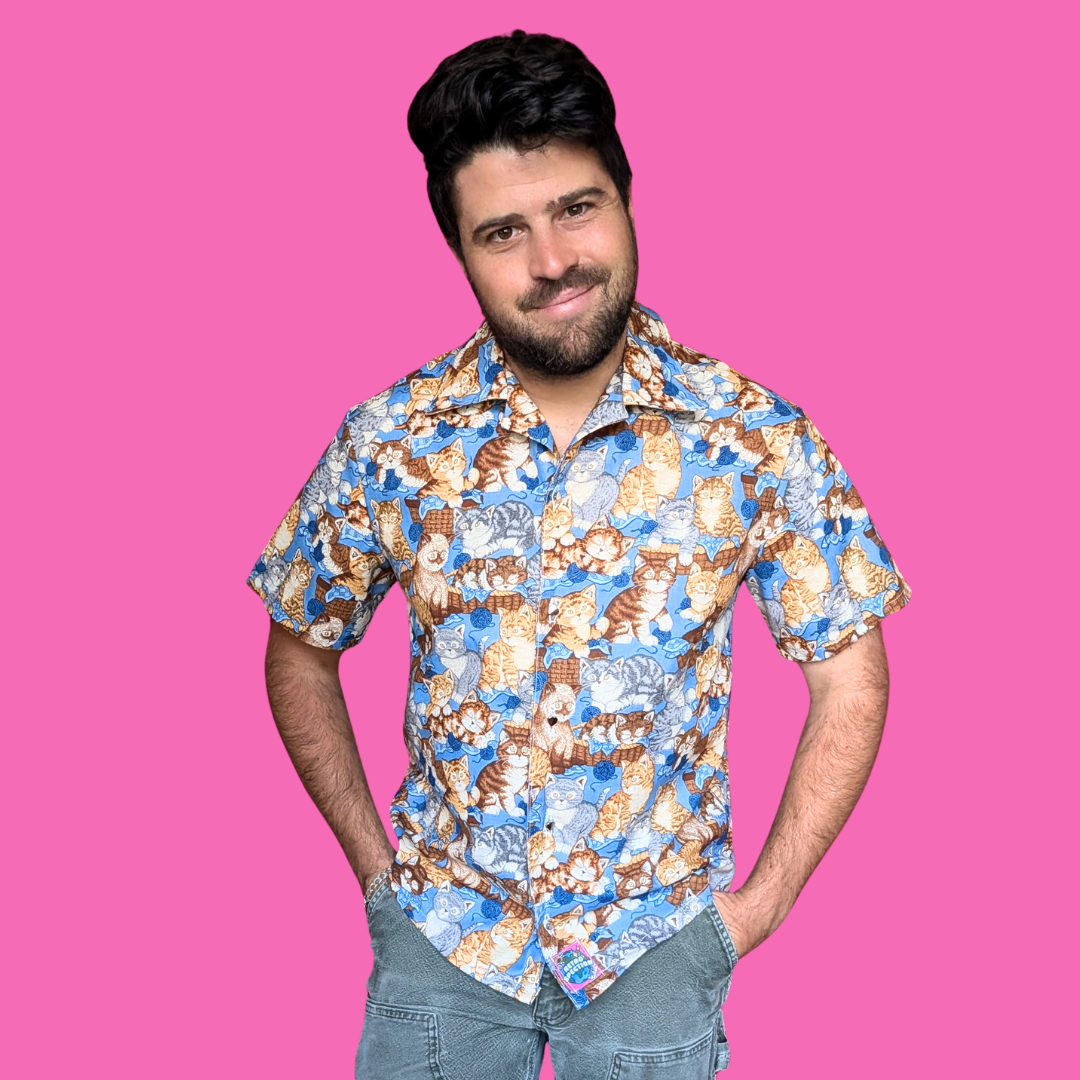 Handmade, Upcycled Cats Patterned Fabric Button Down Shirt Size S