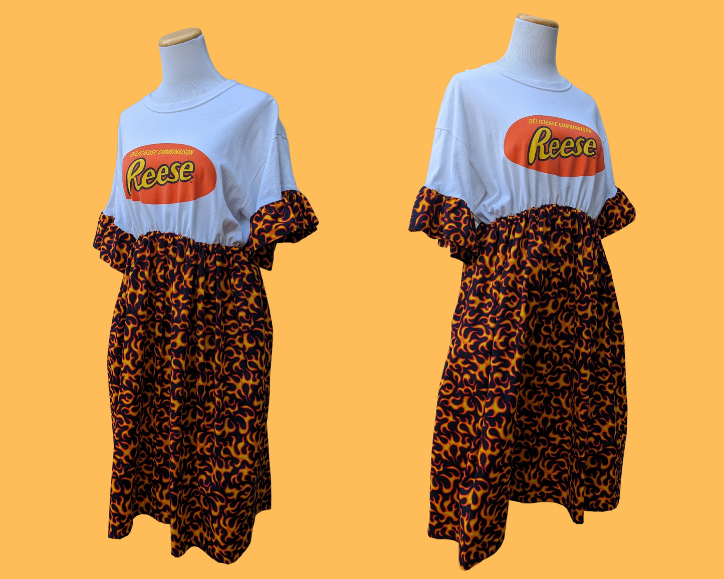 Handmade, Upcycled Reese T-Shirt Dress with Flames Patterned Fabric Size L
