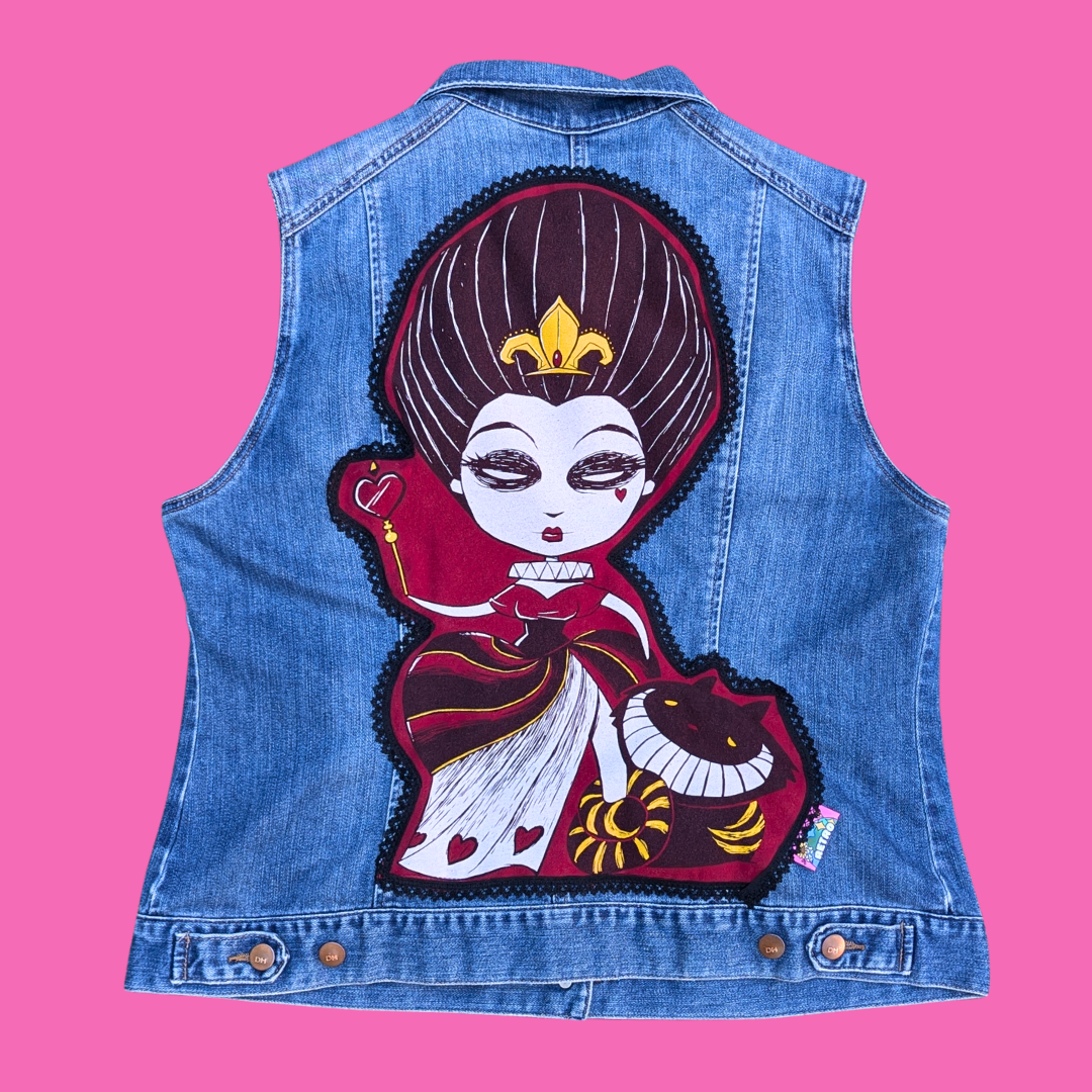 Alice in Wonderland, Queen of Hearts and Cheshire Cat Upcycled T-Shirt Sleeveless Denim Jacket Size XL