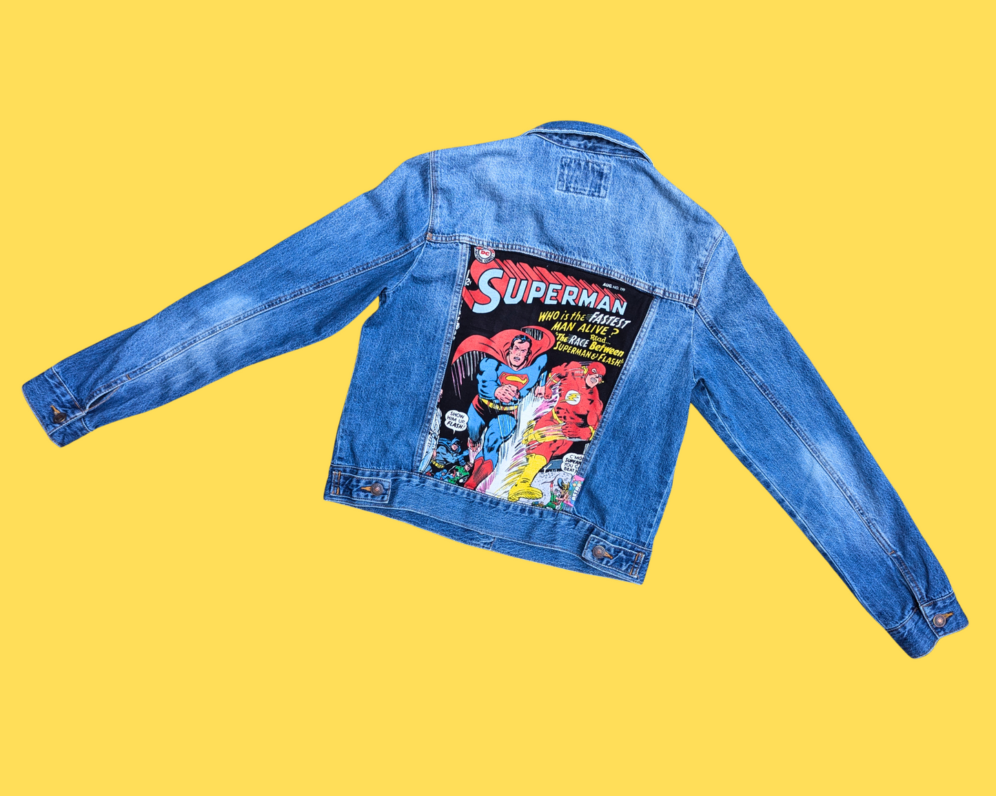 Veste en jean Superman Comic Book recyclée et faite à la main, taille L