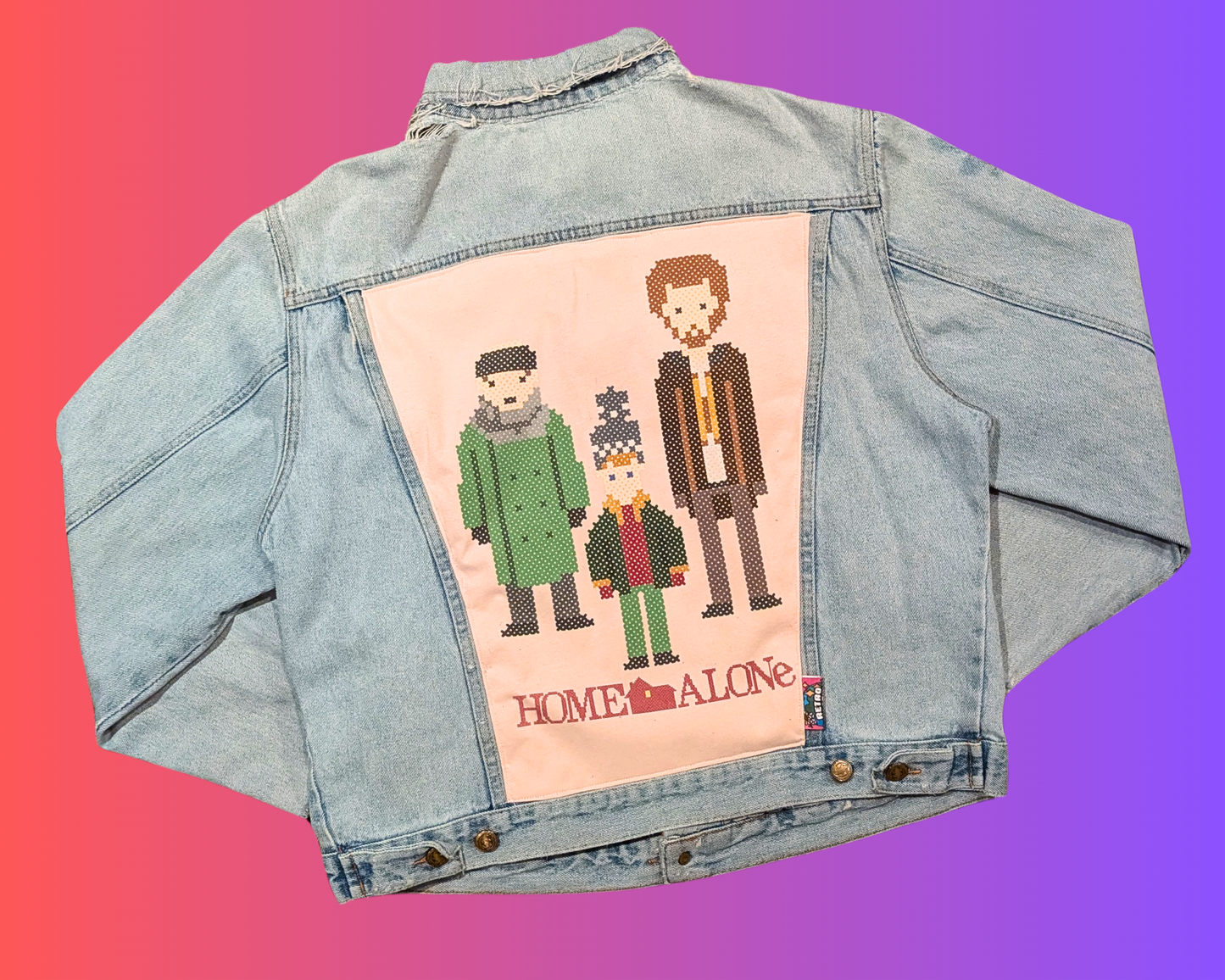 Handmade, Upcycled Home Alone Denim Jacket Size L