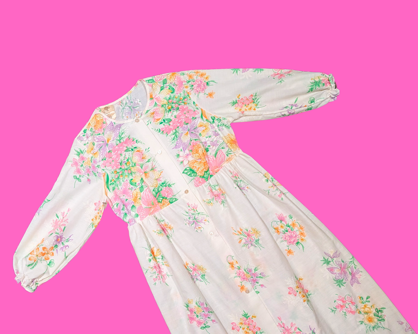 Vintage 1970's Sears Maxi, Mid-Sleeves, White and Floral Dress or Nightgown Size XS-S