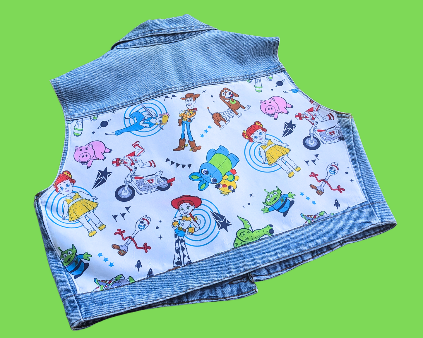 Handmade, Upcycled Denim Vest Patched Up with Bedsheets Scraps of Toy Story 4 Size M-L