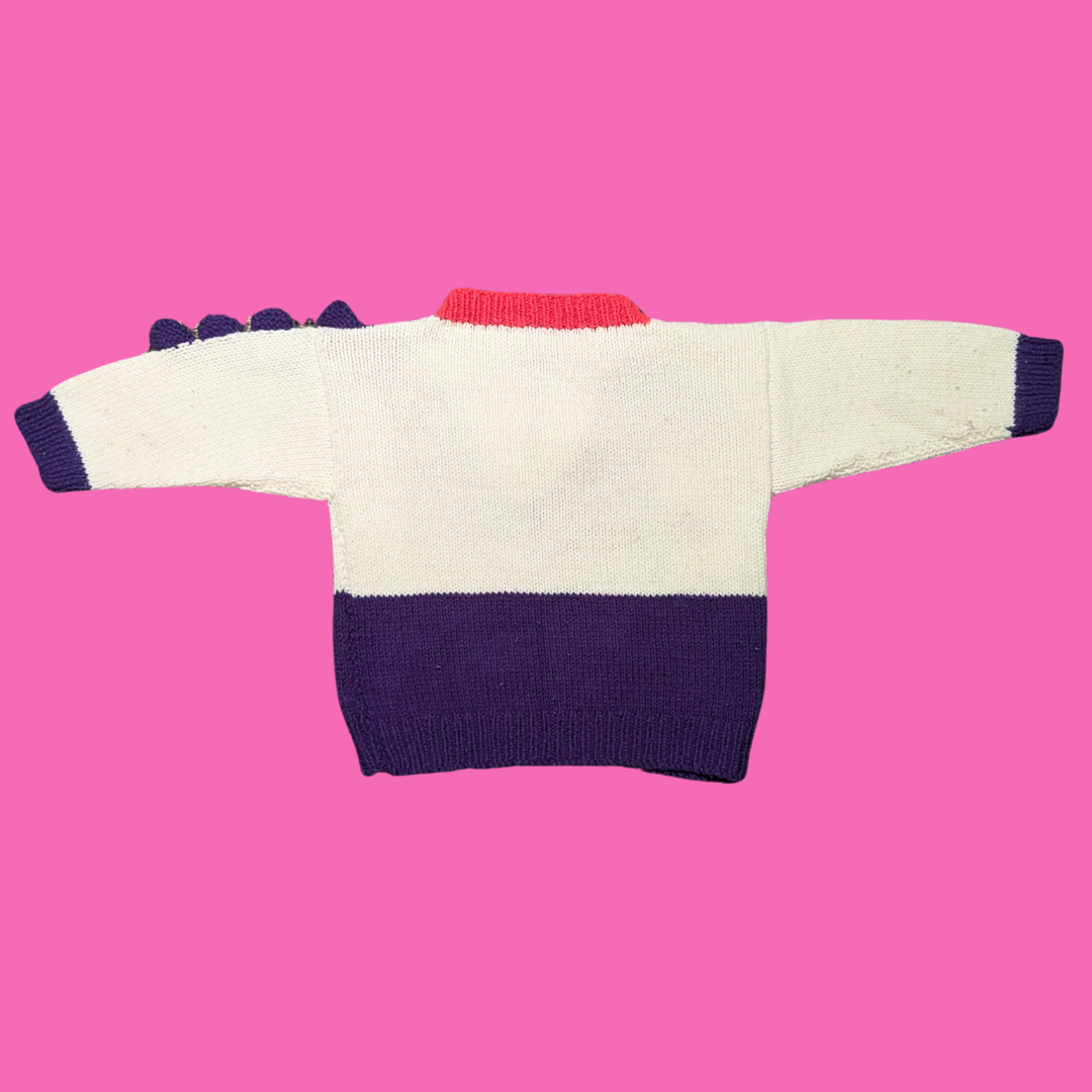 Vintage 1990's, Handmade, Children's Pink Dinosaur Pattern Knitted Sweater with Purple 3D Details on the Back (See Description for Sizing)