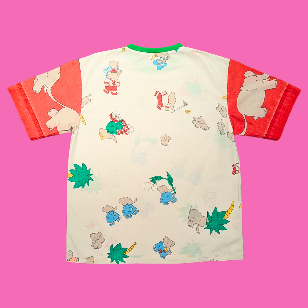 Handmade, Upcycled Babar Bedsheet T-Shirt Oversized S-M, Fitted L-XL