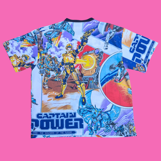 Handmade, Upcycled Captain Power Bedsheet T-Shirt Oversized L-XL, Fitted 2XL