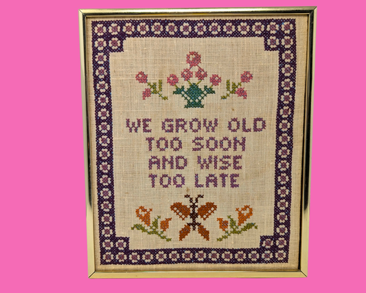 Broderie vintage des années 1980, œuvre d'art murale au point de croix « Nous vieillissons trop tôt et devenons sages trop tard »