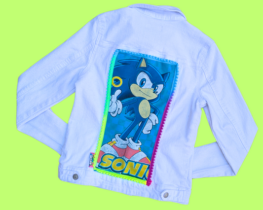 Handmade, Upcycled Sonic The Hedgehog White Denim Jacket Size XS