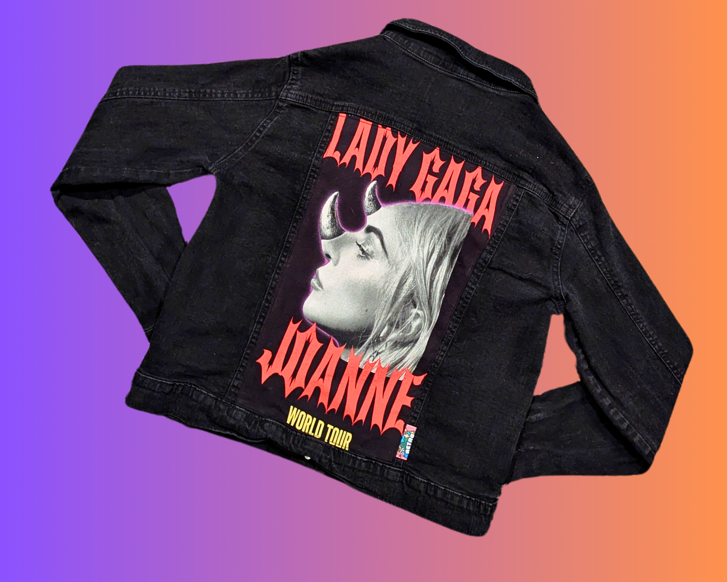 Handmade, Upcycled Lady Gaga, Joanne World Tour Black Denim Jacket Size S
