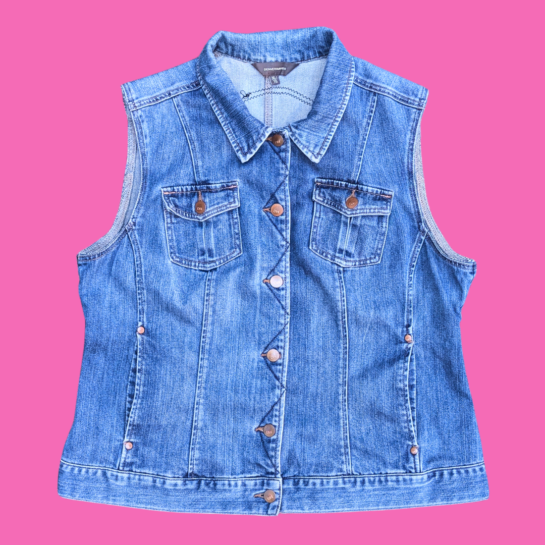 Alice in Wonderland, Queen of Hearts and Cheshire Cat Upcycled T-Shirt Sleeveless Denim Jacket Size XL