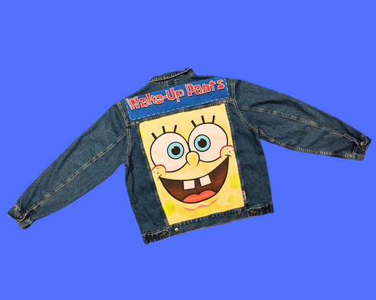 Handmade, Upcycled Sponge Bob Square Pants Pillow Case Denim Jacket Size XL