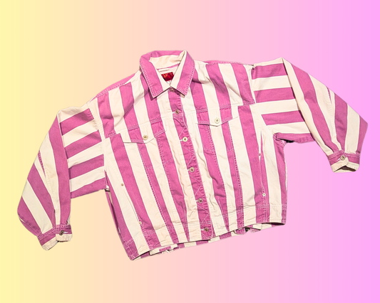 Veste en jean vintage à rayures violet clair et blanc des années 1990, taille M