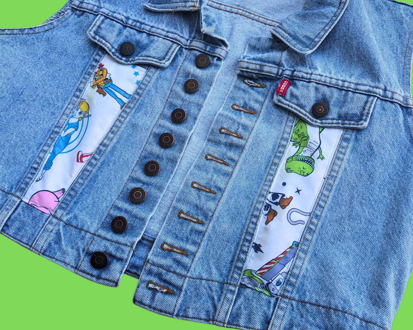 Handmade, Upcycled Denim Vest Patched Up with Bedsheets Scraps of Toy Story 4 Size M-L