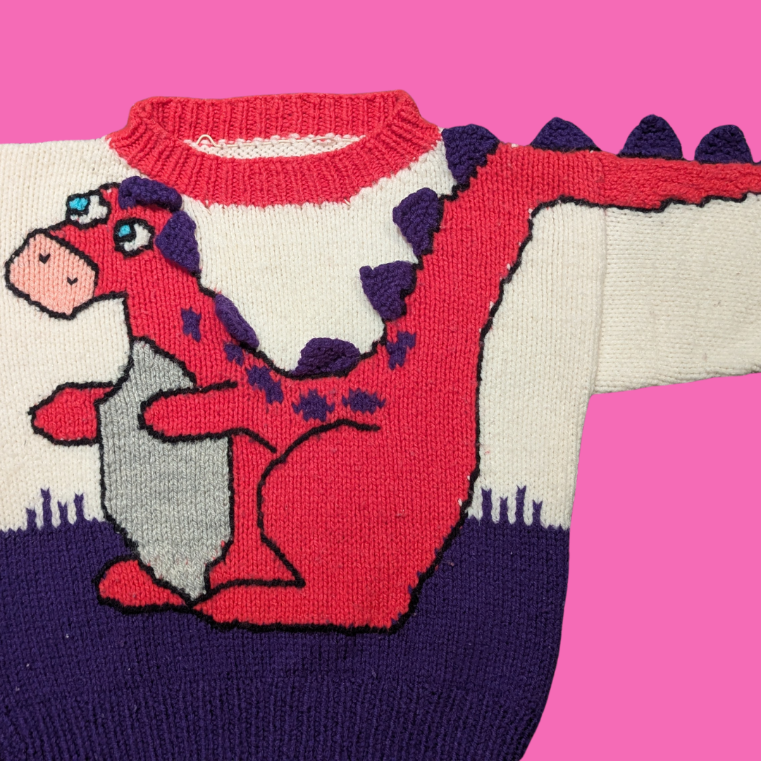 Vintage 1990's, Handmade, Children's Pink Dinosaur Pattern Knitted Sweater with Purple 3D Details on the Back (See Description for Sizing)